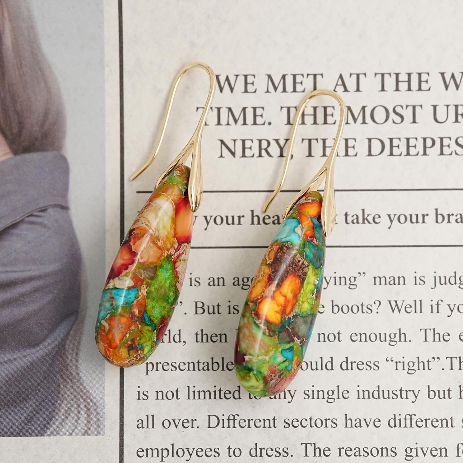 Natural Healing Stone Fishhoop Dangle Drop Earrings Statement Gold silver earrings