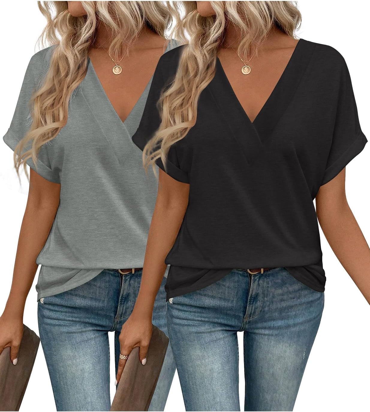 2PCS T Shirts Short Sleeve V Neck Tees Womens