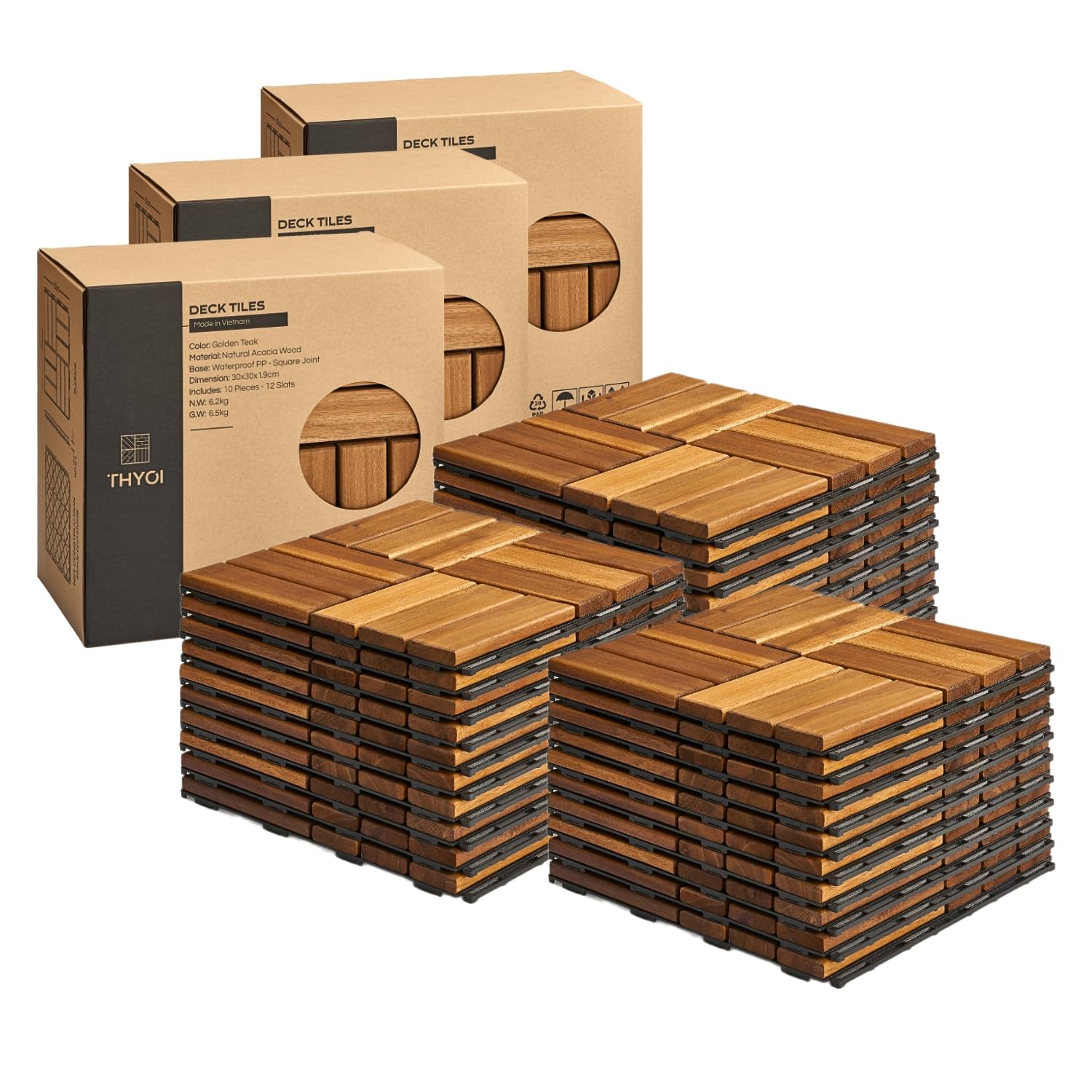 Deck Tiles Patio Flooring - Outdoor Waterproof Acacia Wood Tiles