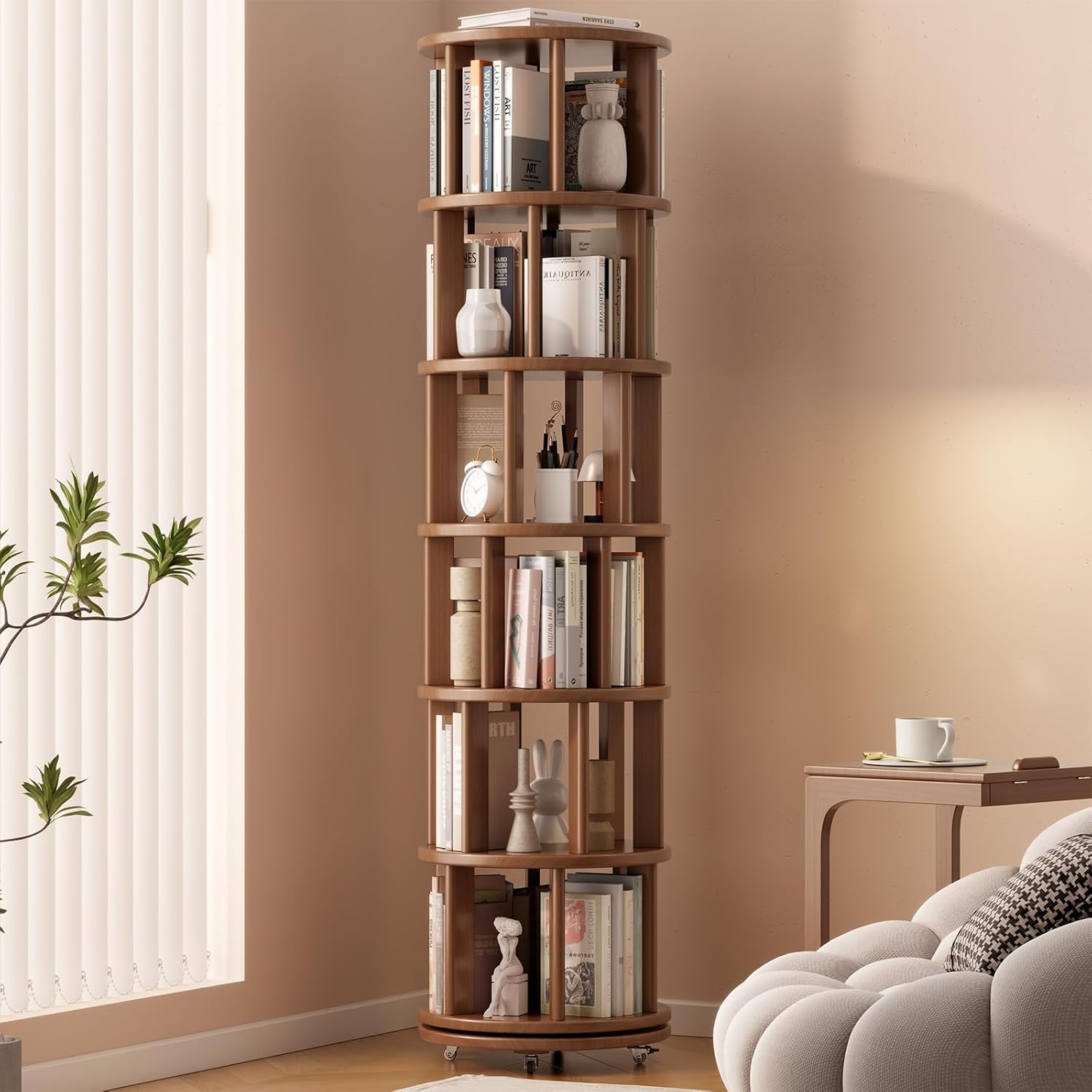 Solid Wood Rotating Bookshelf on Wheels