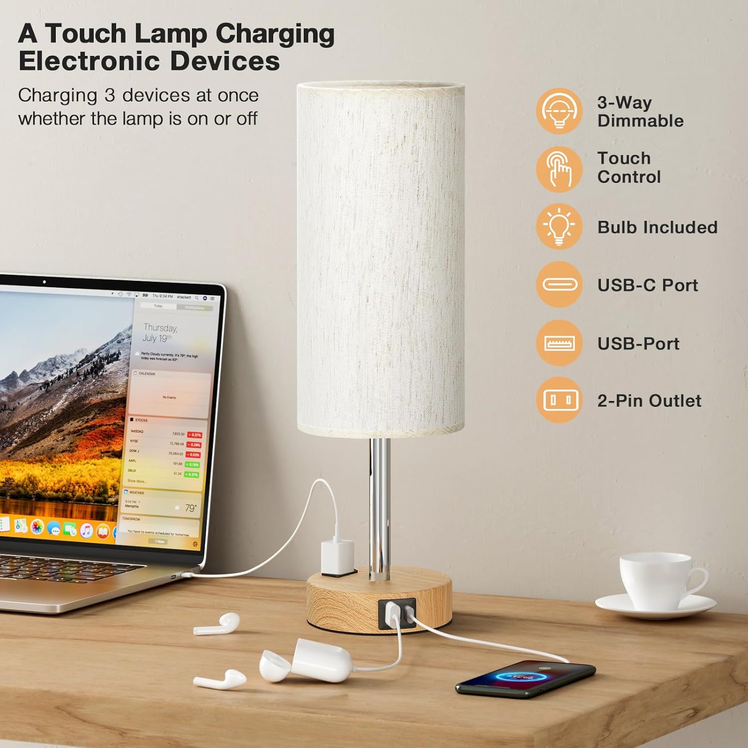 Bedside Touch Lamp 3-Way Dimmable