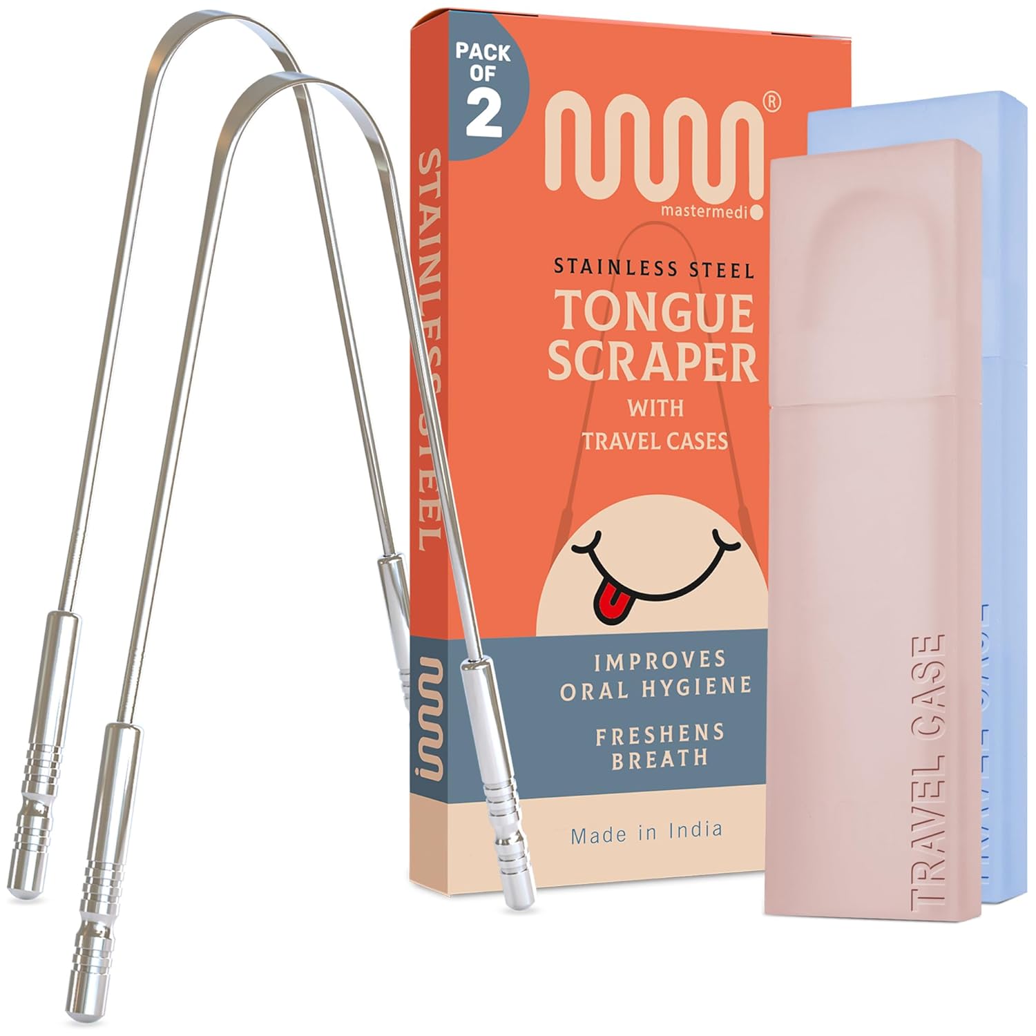 MasterMedi Tongue Scraper for Adults with Multicolor Travel Cases