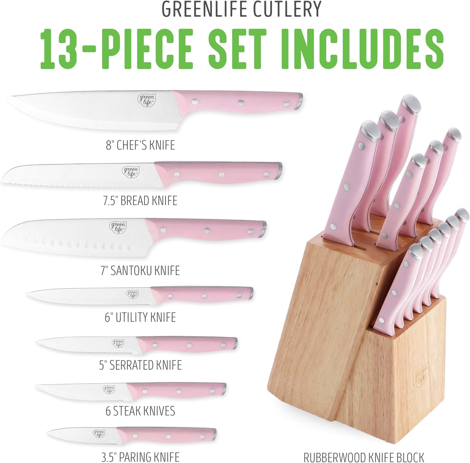 GreenLife Wood Knife Block with Steak Knives