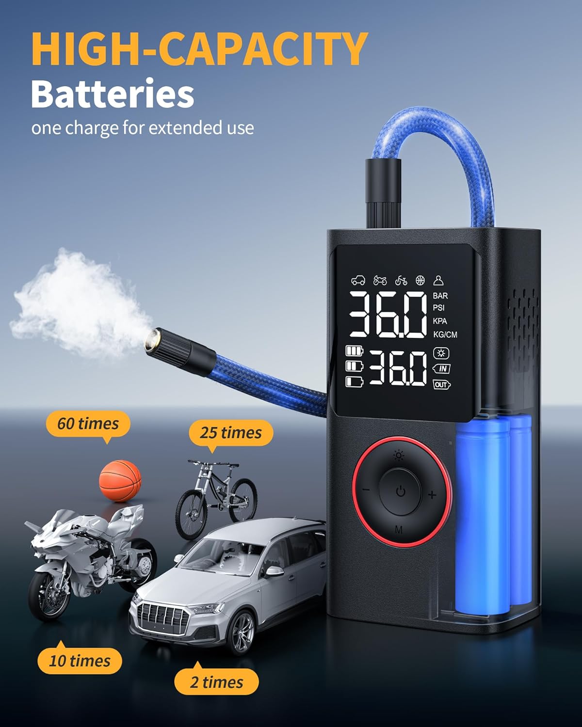 Portable Tire Inflator Air Pump with Gauge & LED Light