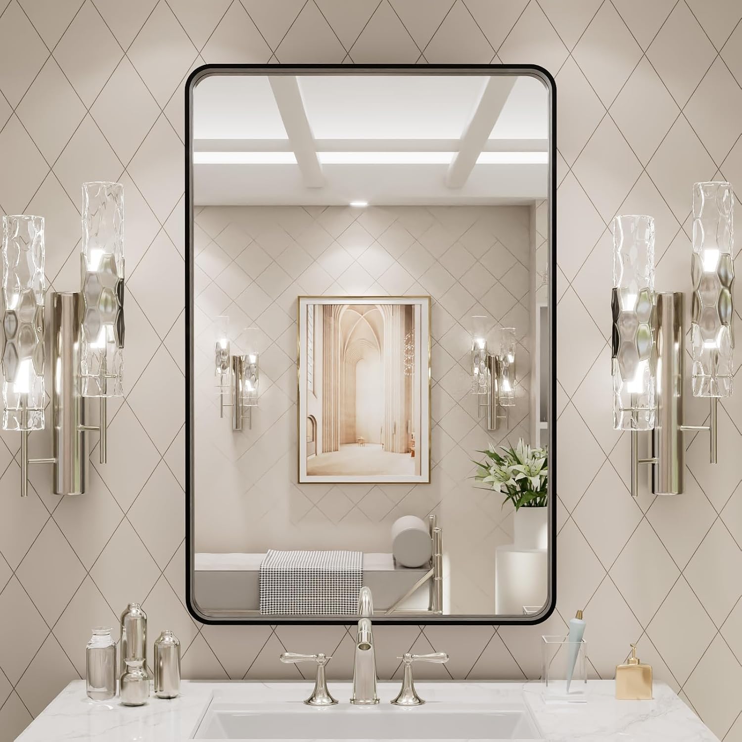 LOAAO Black Metal Framed Bathroom Mirror for Wall