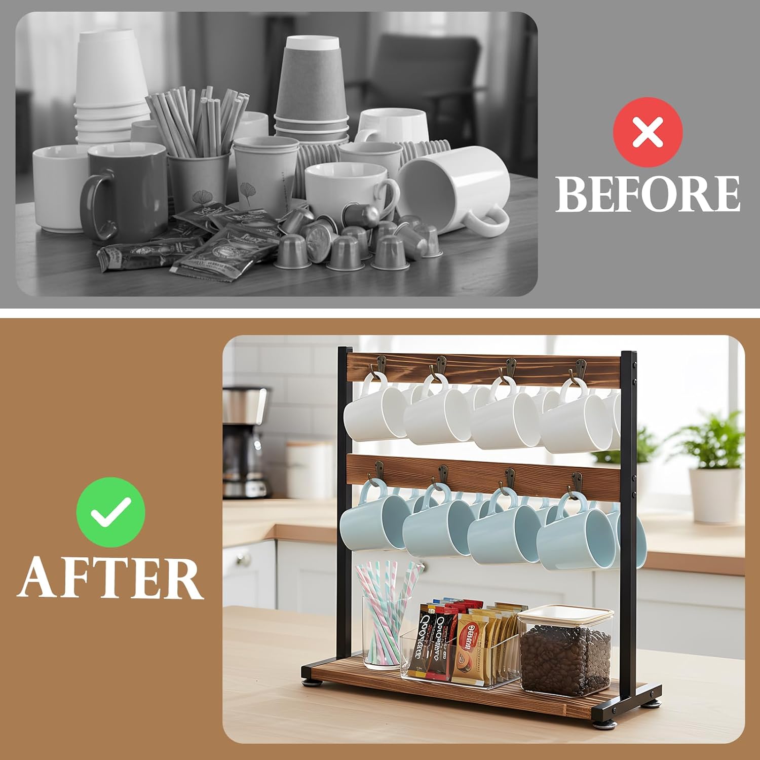 Coffee Mug Holder for Countertop Wooden Cup Organizer