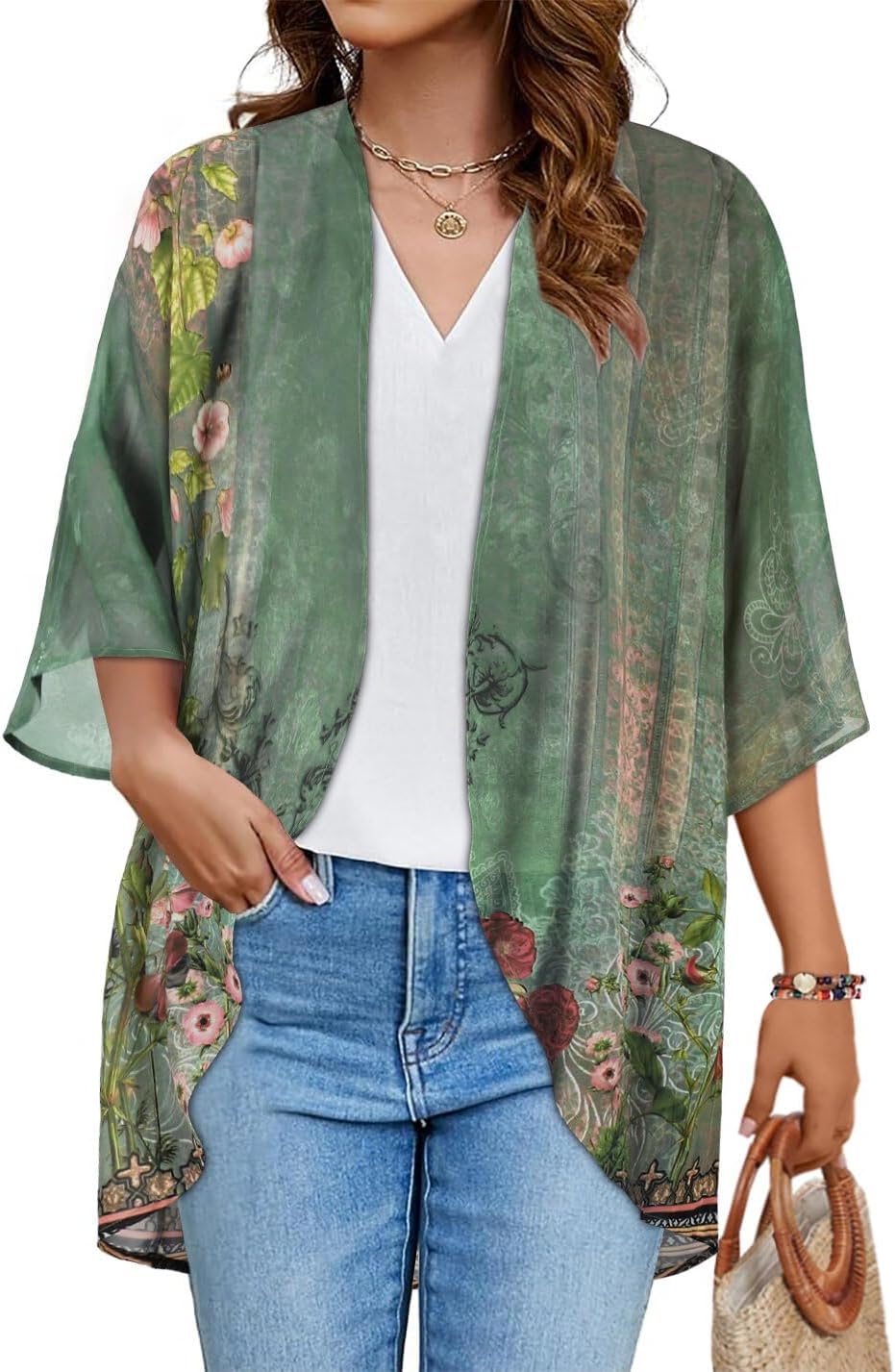 Women’s Floral Puff Sleeve Kimono Cardigan