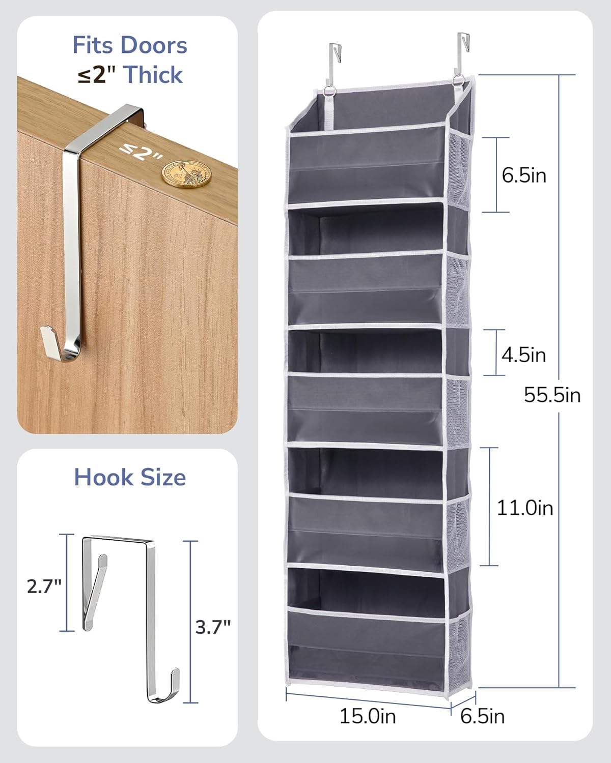 Door Organizer with 5 Large Pockets 10 Mesh Side Pockets
