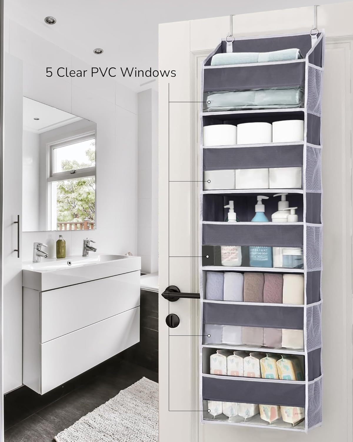 Door Organizer with 5 Large Pockets 10 Mesh Side Pockets