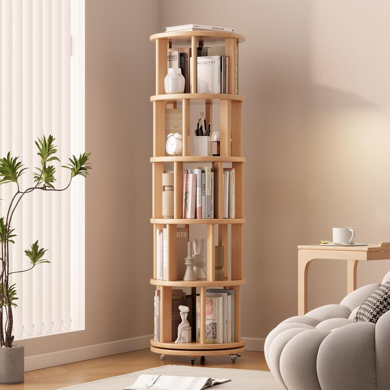 Solid Wood Rotating Bookshelf on Wheels