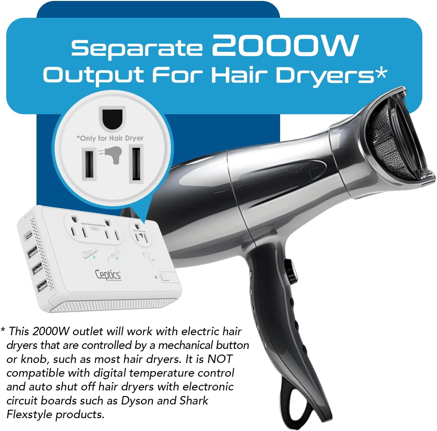 Ceptics Travel Voltage Converter for Hair Dryer