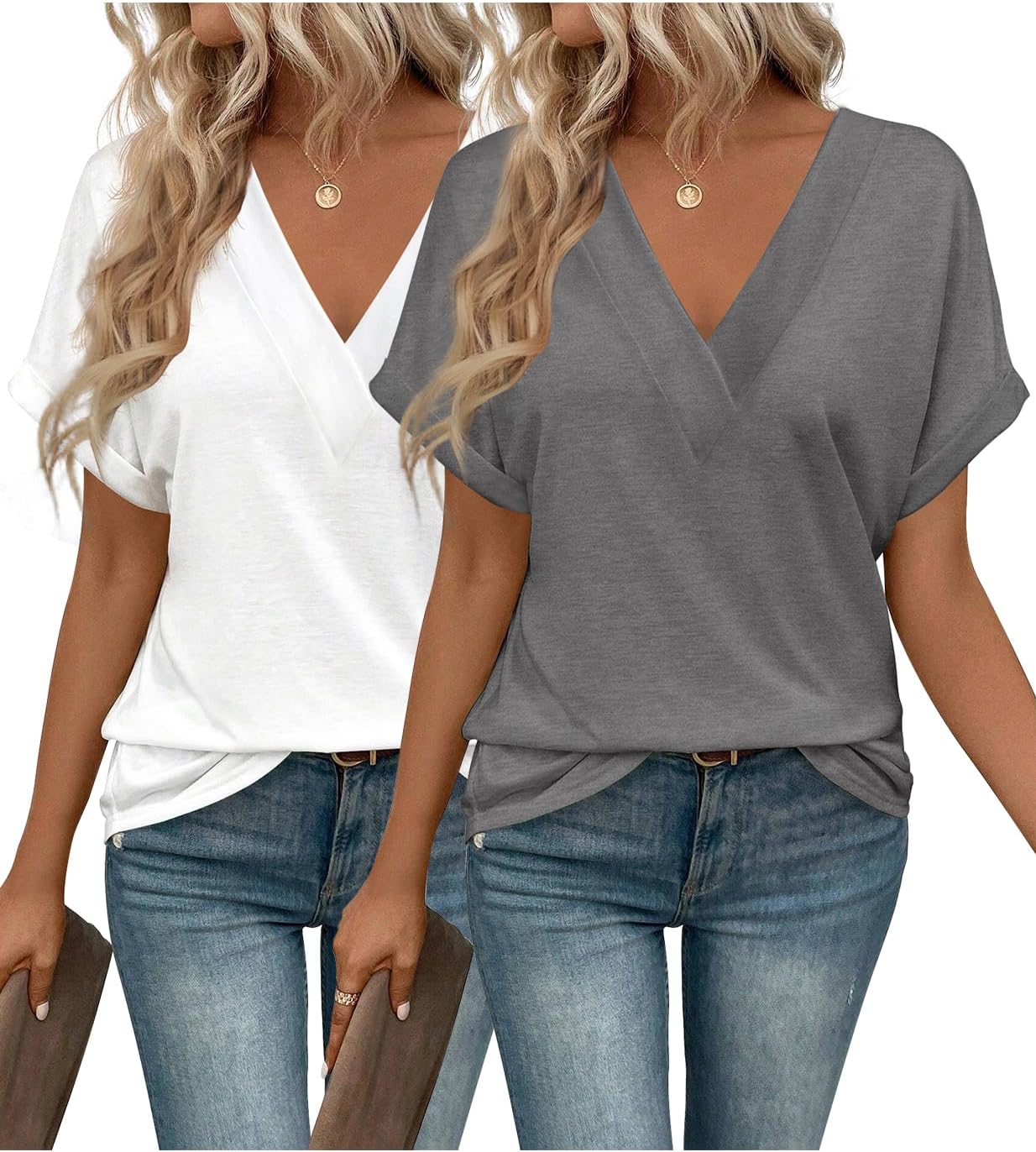 2PCS T Shirts Short Sleeve V Neck Tees Womens