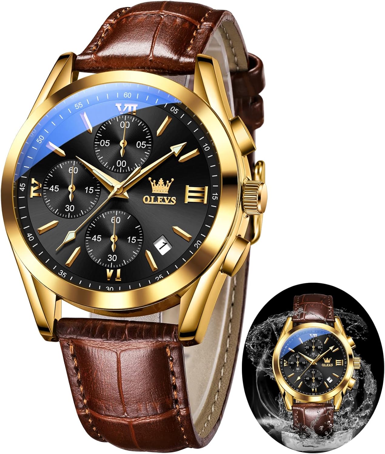 OLEVS Leather Chronograph Watch Men Leather Strap
