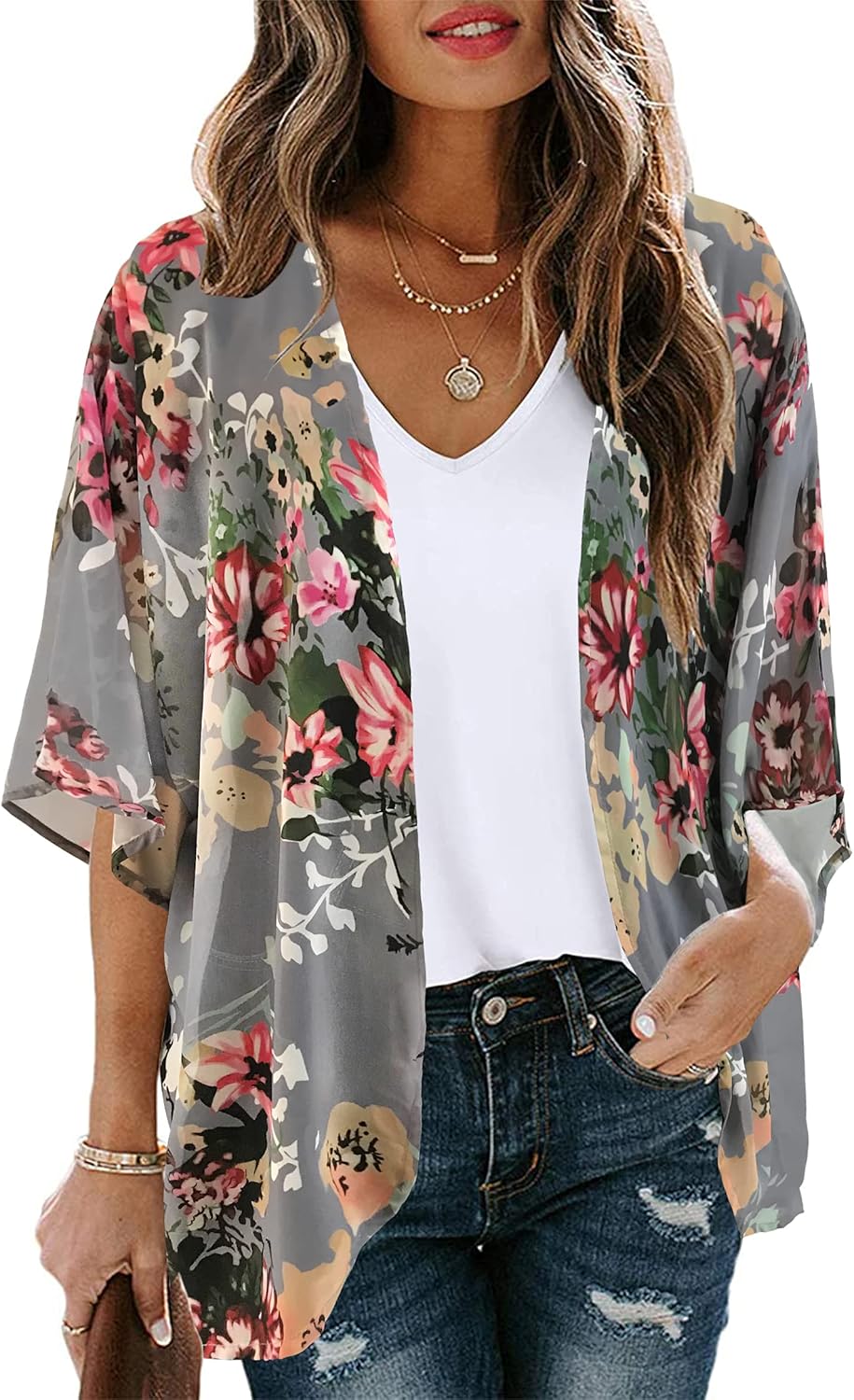 Women’s Floral Puff Sleeve Kimono Cardigan