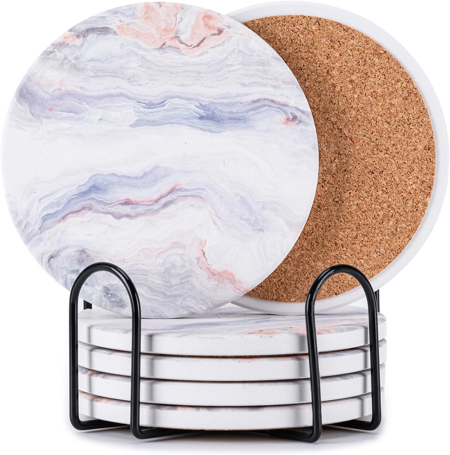 Drink Coasters with Holder Marble Style Ceramic