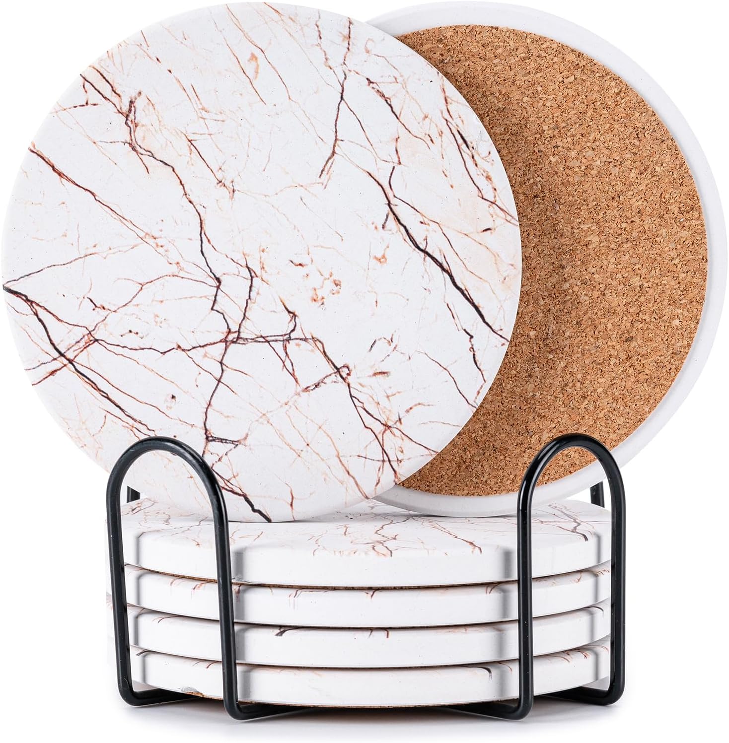 Drink Coasters with Holder Marble Style Ceramic