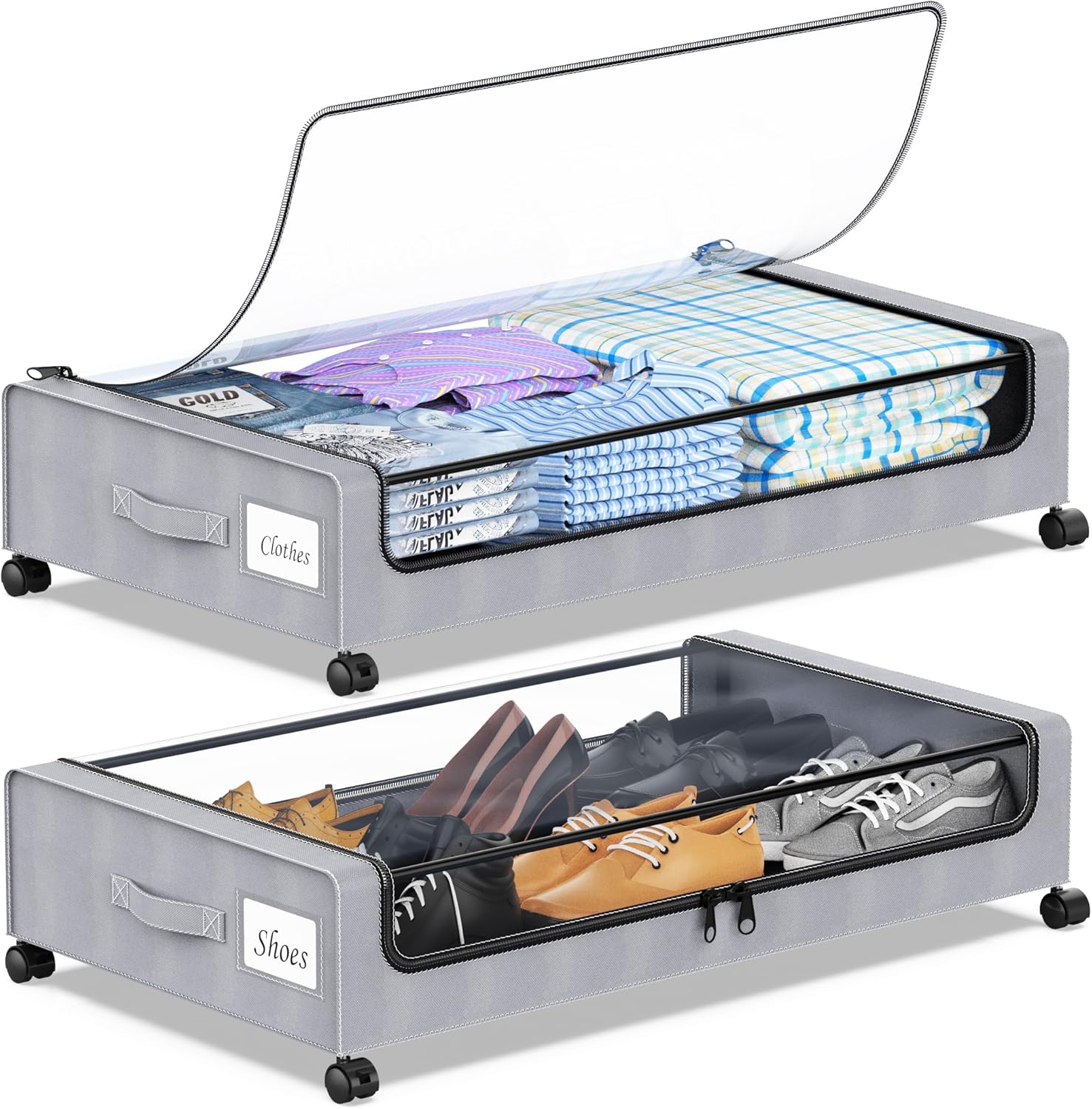 Under Bed Storage with Wheels with Clear Lids & Label