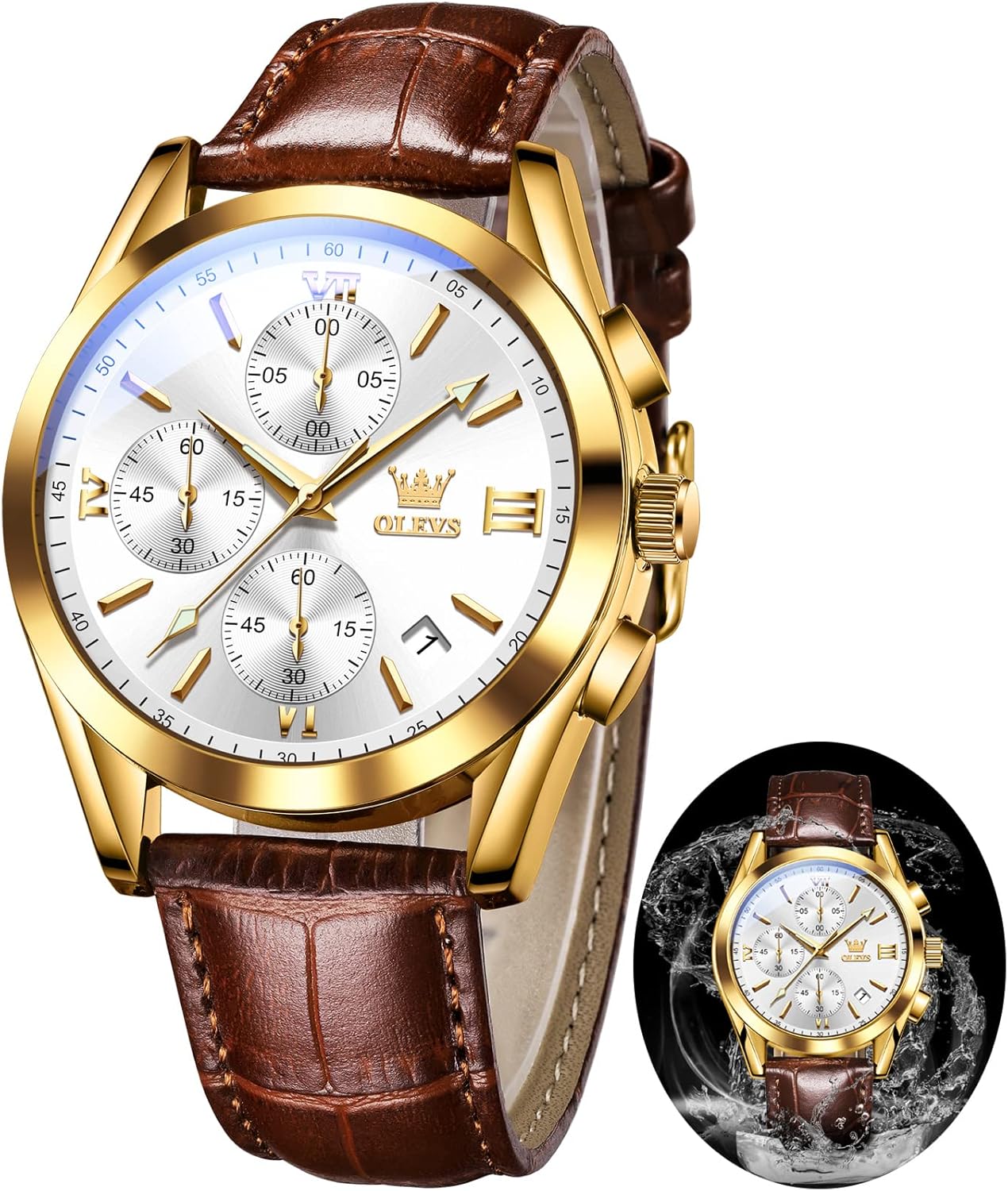 OLEVS Leather Chronograph Watch Men Leather Strap