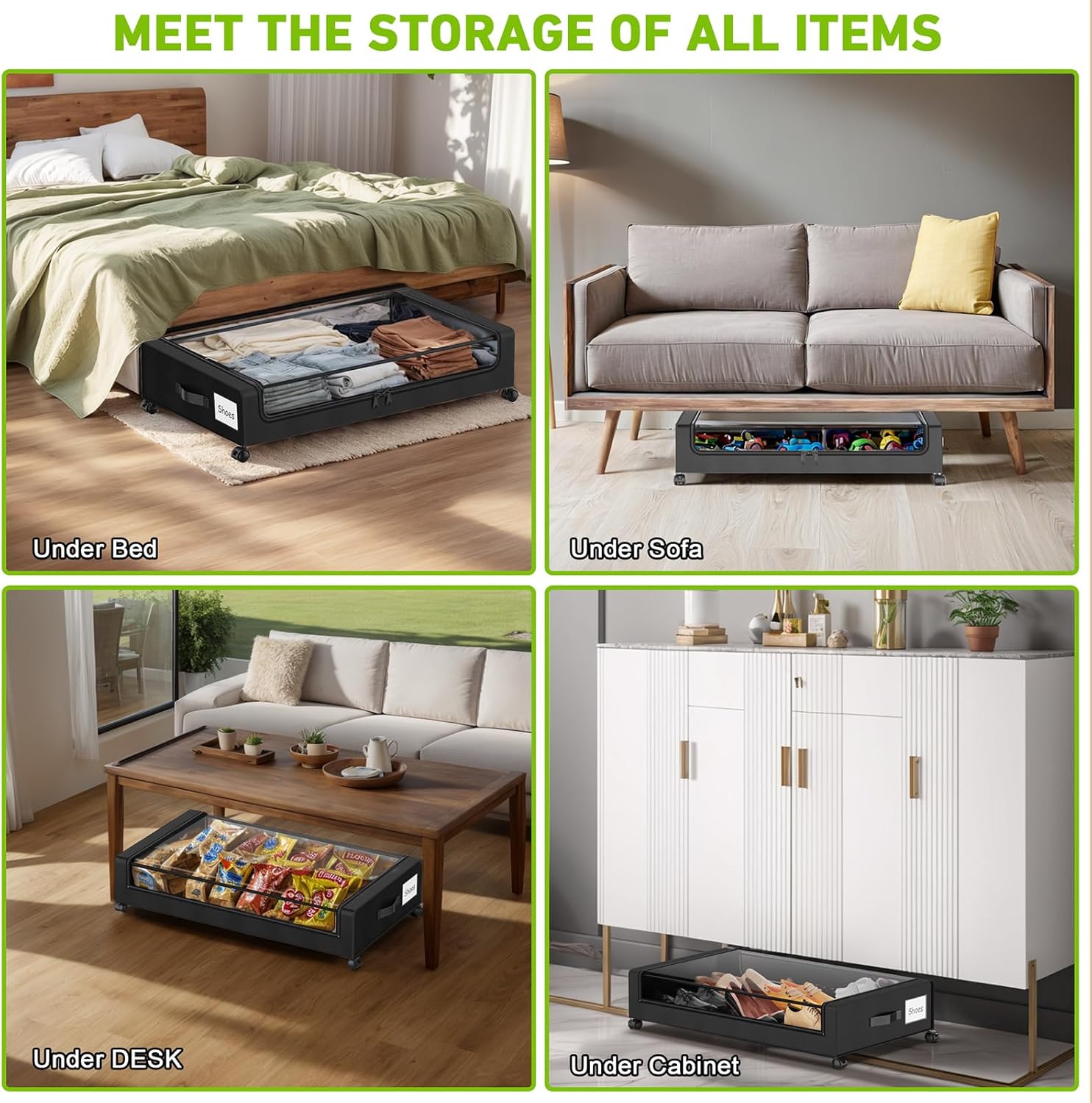 Under Bed Storage with Wheels with Clear Lids & Label