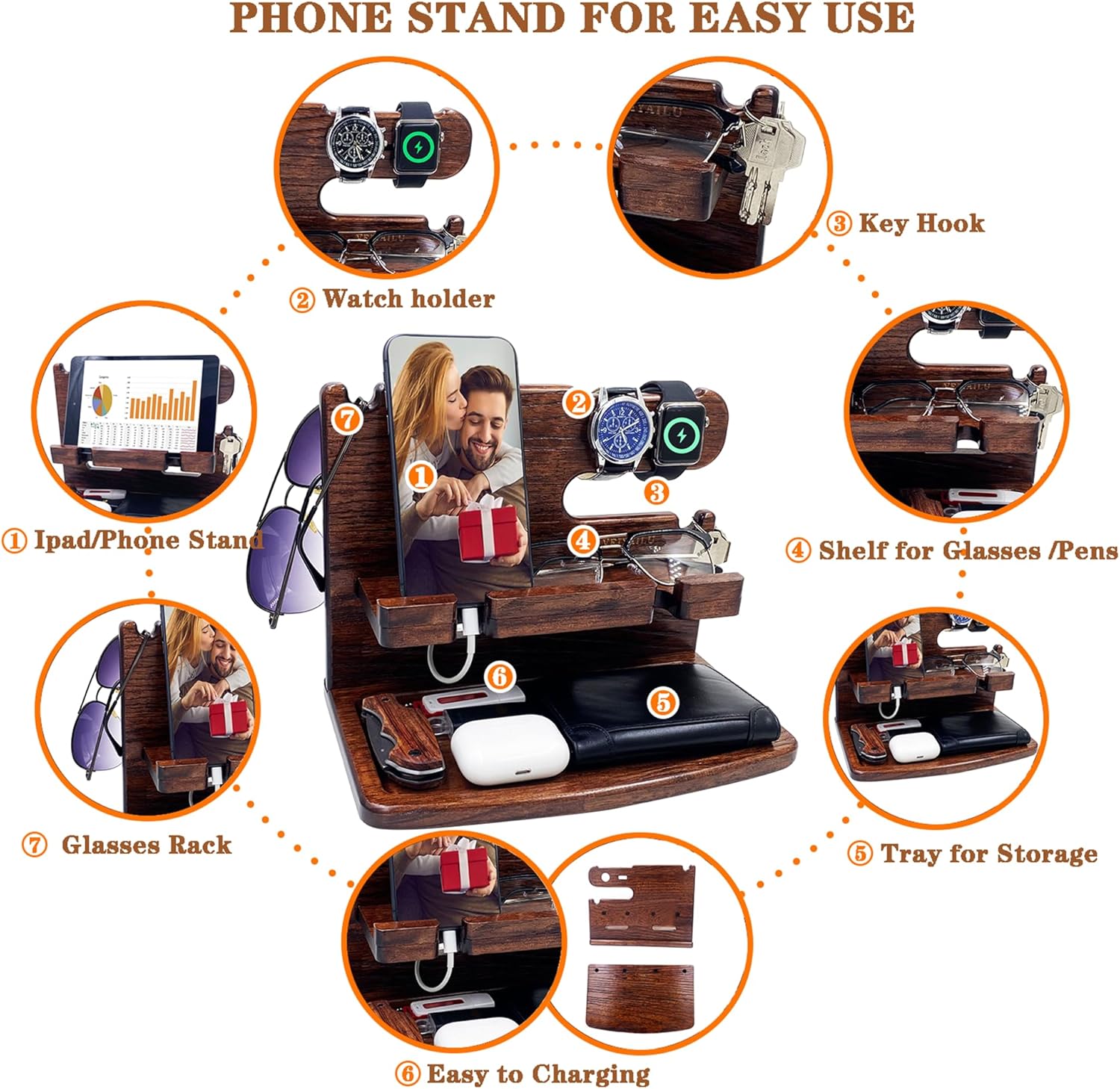 Wood Phone Docking Station Nightstand Organizer