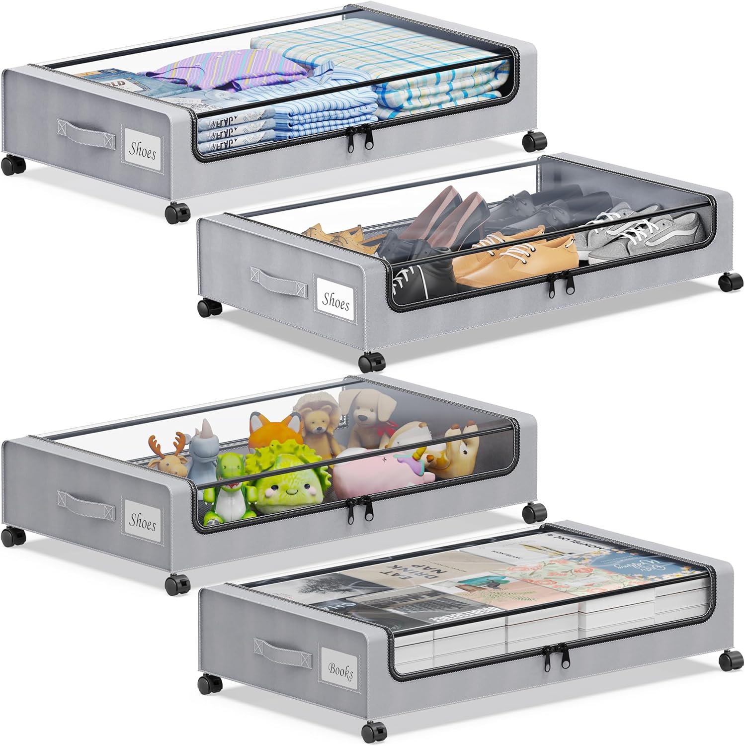 Under Bed Storage with Wheels with Clear Lids & Label