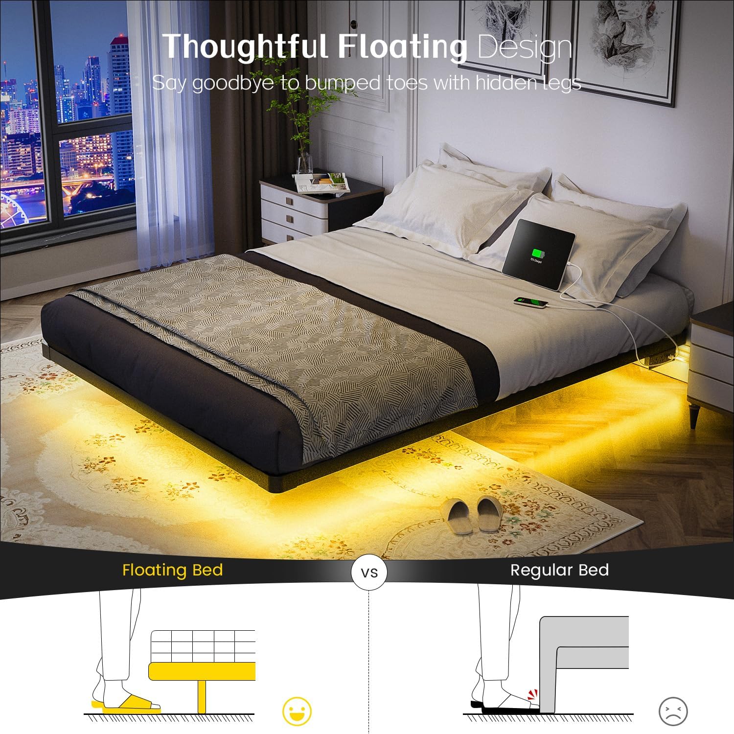 OLEVS Floating Bed Frame Full Size with Smart LED Lights