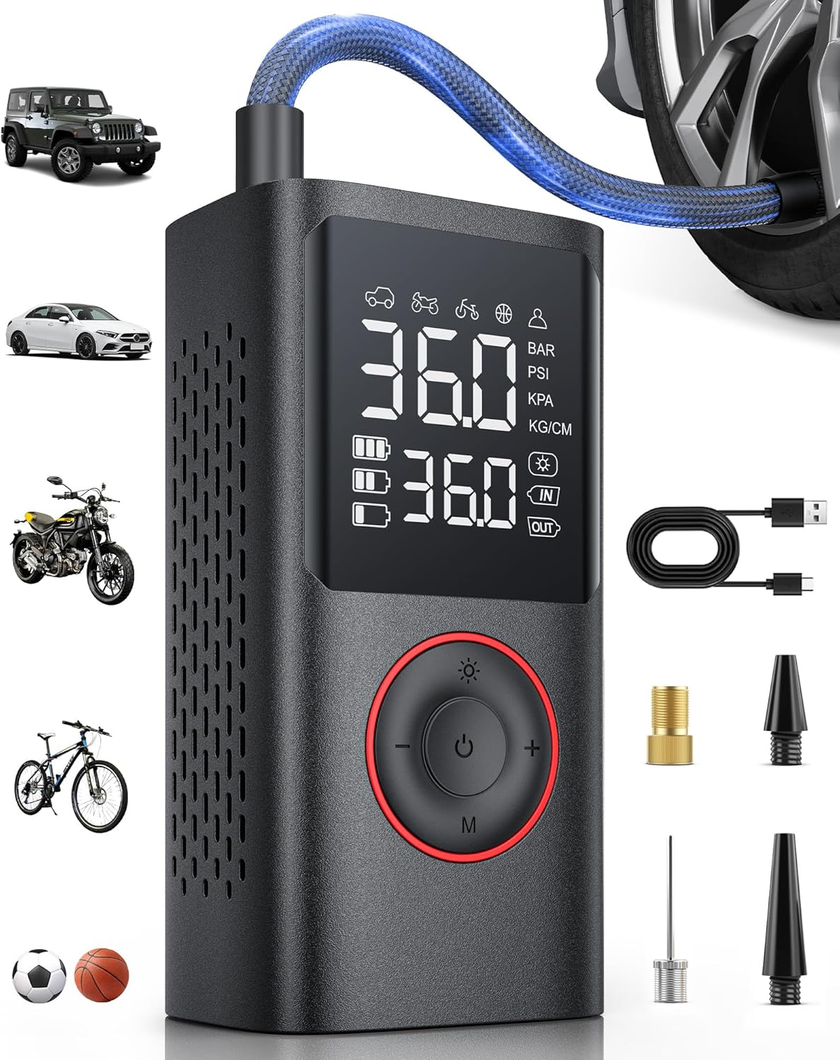 Portable Tire Inflator Air Pump with Gauge & LED Light