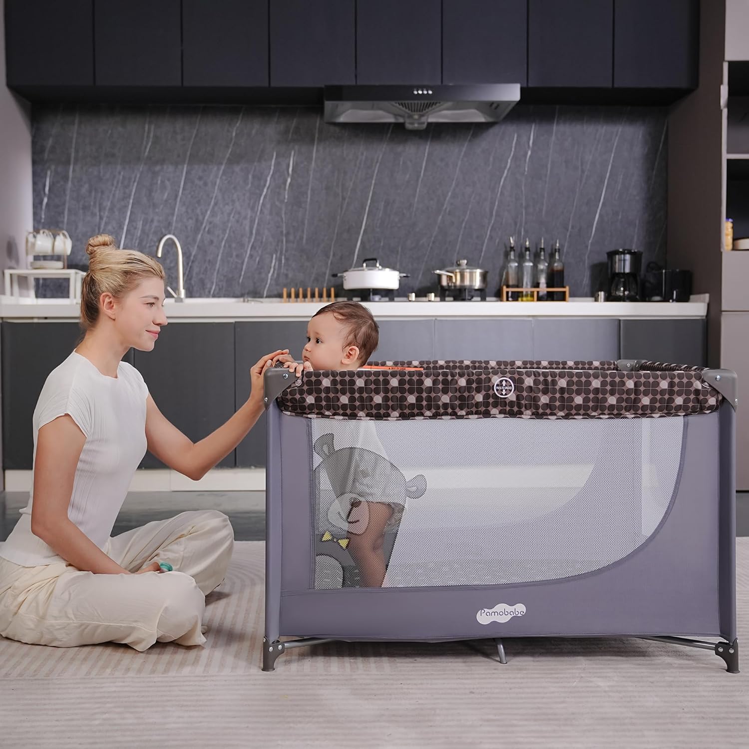 Pamo Babe Portable Crib Baby Playpen with Mattress