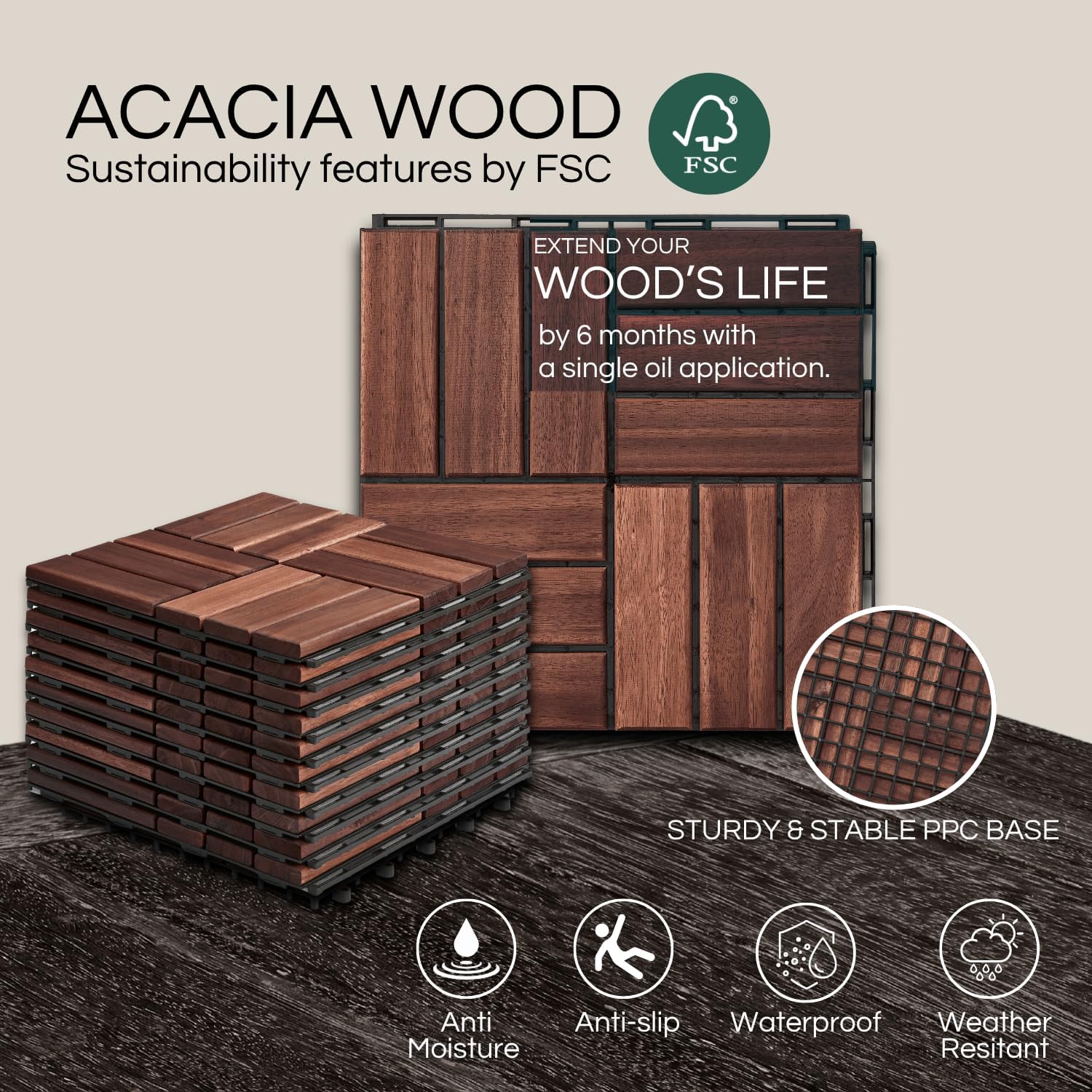 Deck Tiles Patio Flooring - Outdoor Waterproof Acacia Wood Tiles