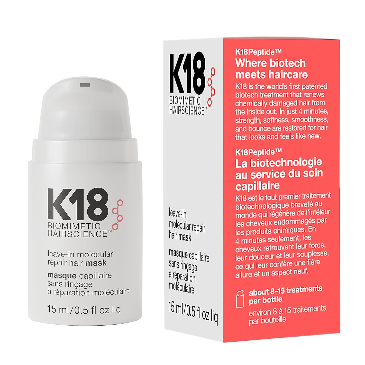 K18 Leave-In Molecular Hair Mask Repairs Dry or Damaged Hair