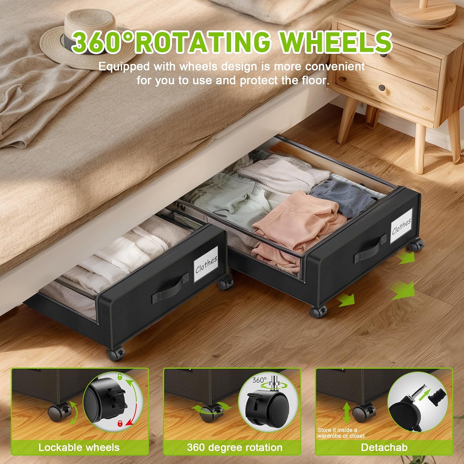 Under Bed Storage with Wheels with Clear Lids & Label