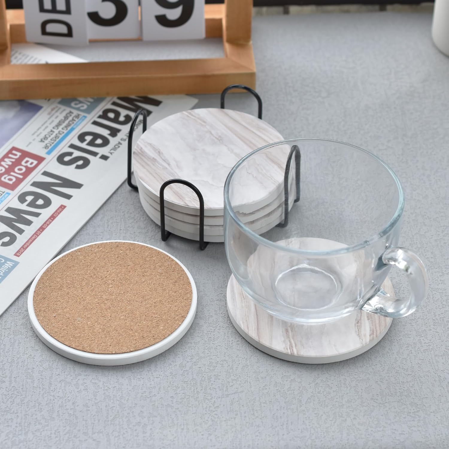 Drink Coasters with Holder Marble Style Ceramic
