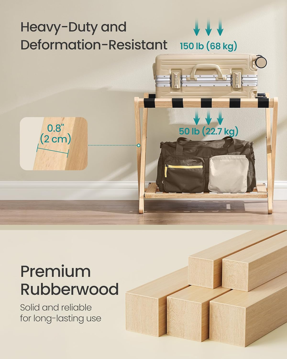 SONGMICS Solid Wood Luggage Rack for Guest Room