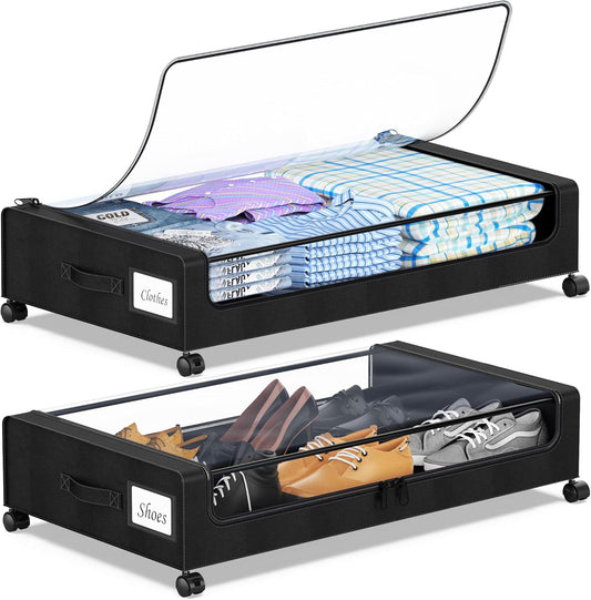 Under Bed Storage with Wheels with Clear Lids & Label