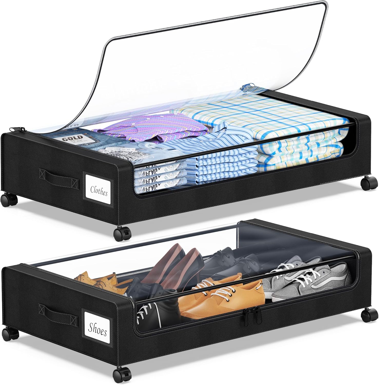 Under Bed Storage with Wheels with Clear Lids & Label