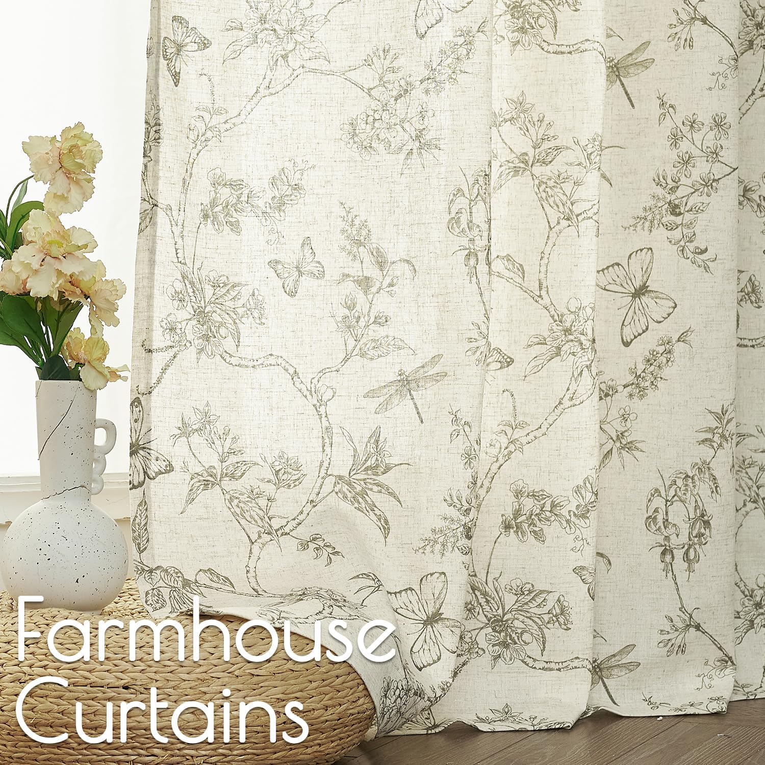 Lazzzy Linen Farmhouse Curtains Green Floral
