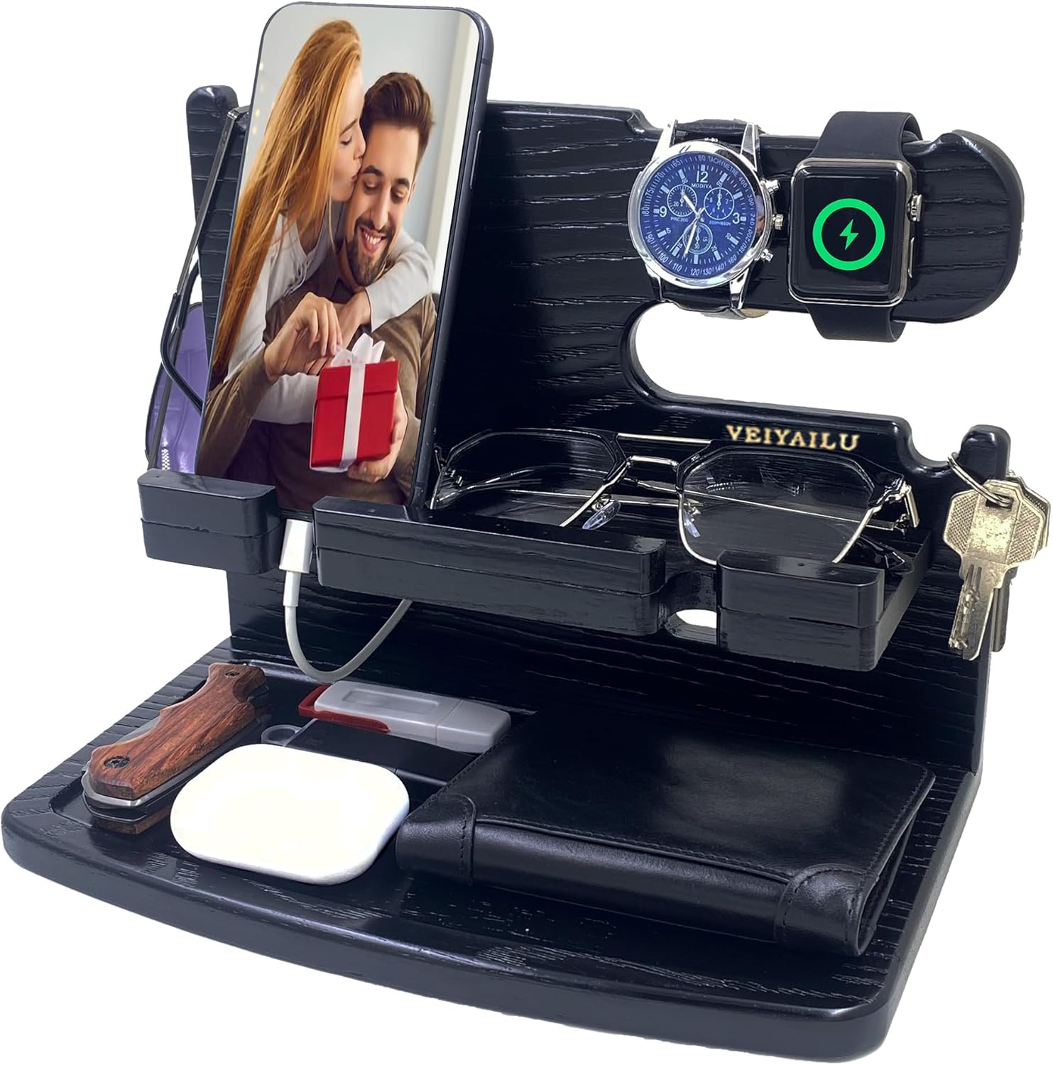 Wood Phone Docking Station Nightstand Organizer