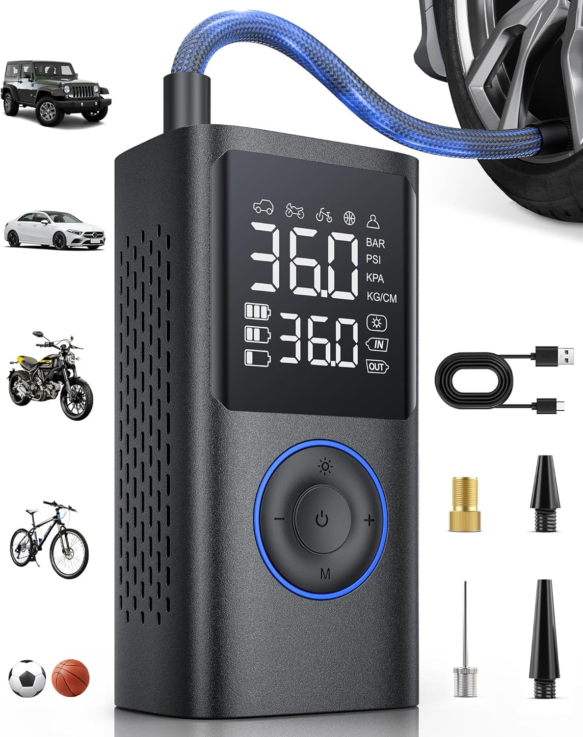 Portable Tire Inflator Air Pump with Gauge & LED Light