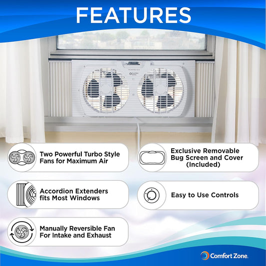 Comfort Zone Twin Window Fan with Reversible Airflow Control