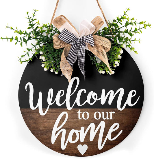 Round Wooden Farmhouse Welcome Door Sign