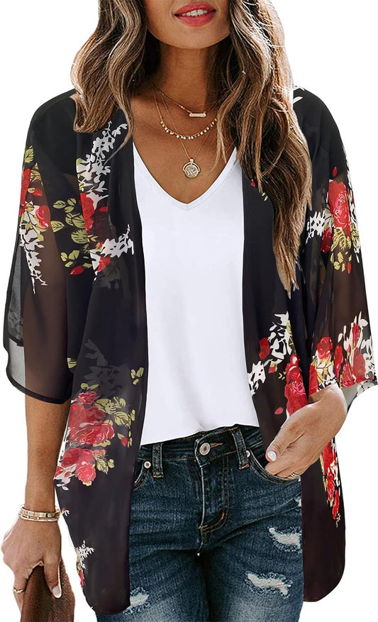 Women’s Floral Puff Sleeve Kimono Cardigan