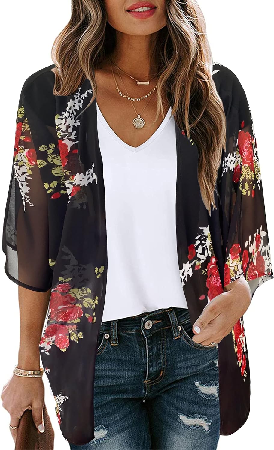 Women’s Floral Puff Sleeve Kimono Cardigan