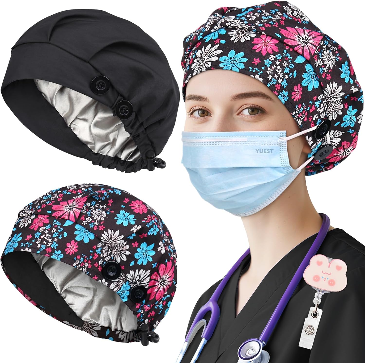 2 Pack Satin Lined Bouffant Scrub Caps