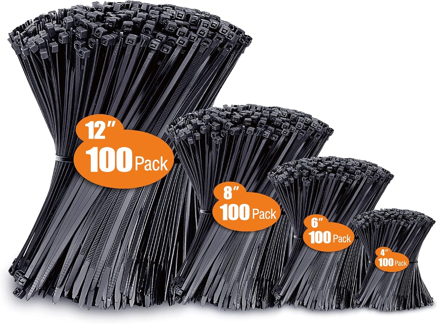 Zip Ties Assorted Sizes(4”+6”+8”+12”), 400 Pack