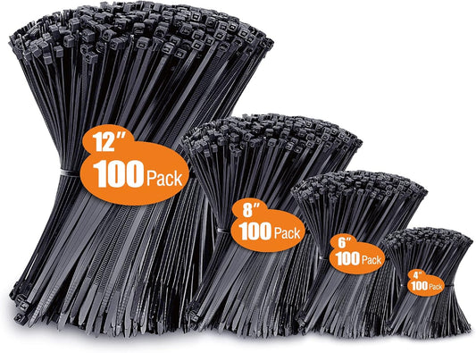 Zip Ties Assorted Sizes(4”+6”+8”+12”), 400 Pack