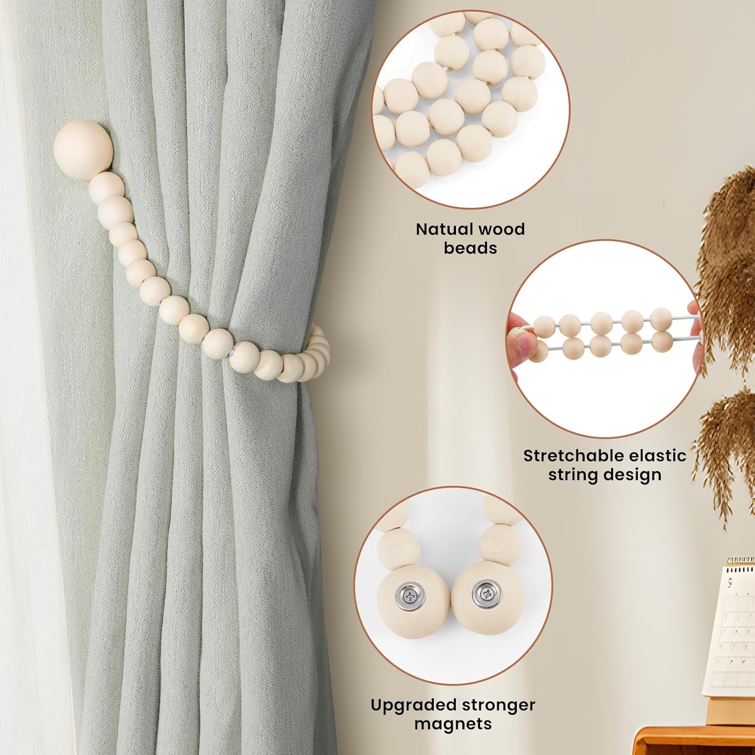 Magnetic Wood Bead Curtain Tiebacks Curtain Holders for Bedroom