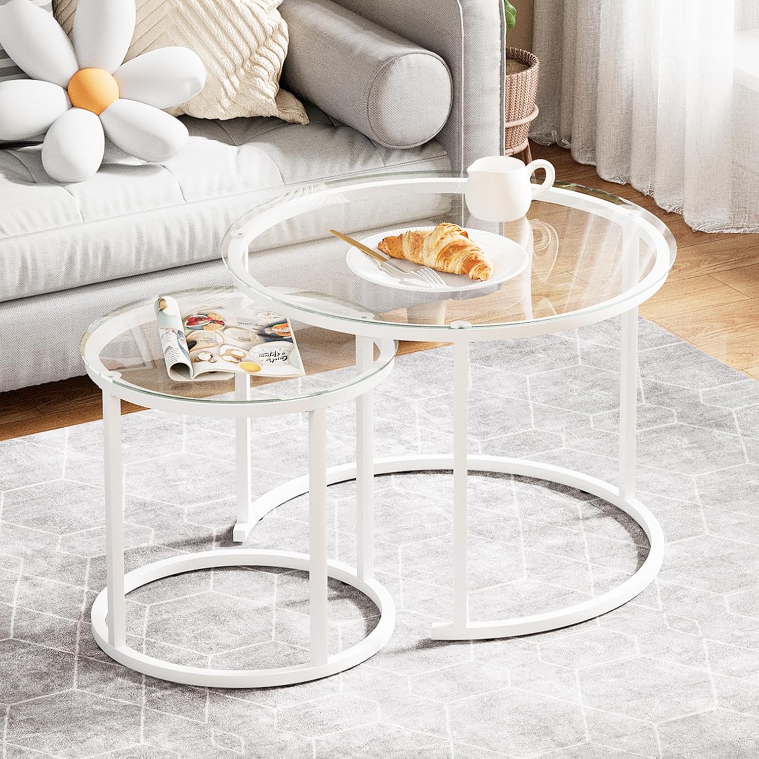 Aboxoo Coffee Table Nesting White Set of 2 Side Frame