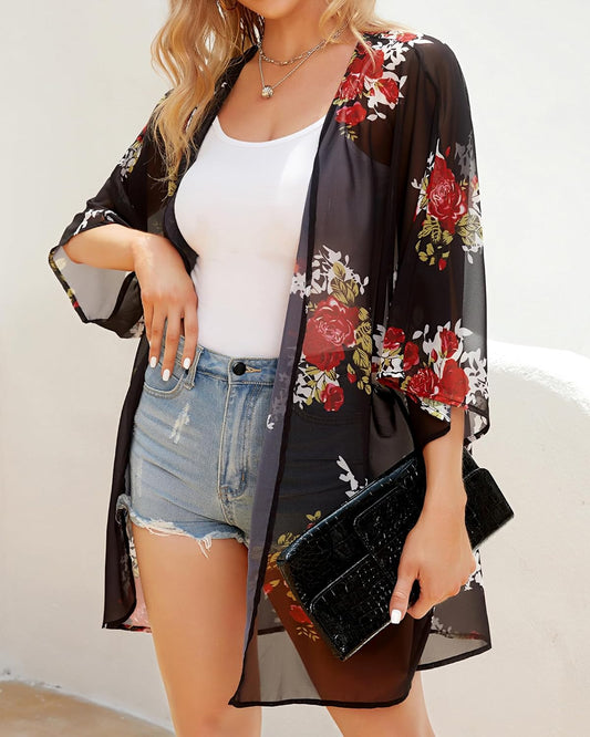 Women’s Floral Puff Sleeve Kimono Cardigan