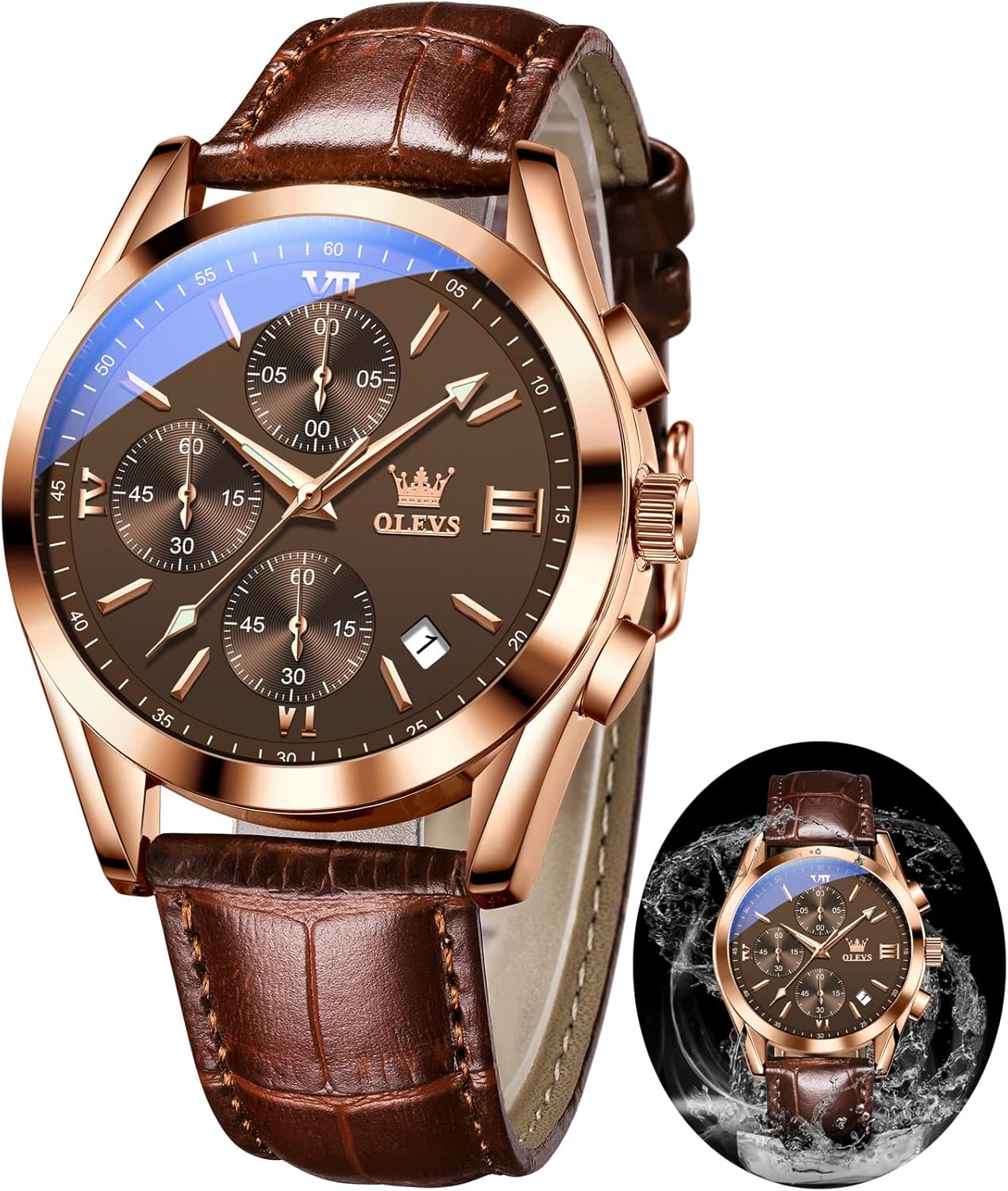 OLEVS Leather Chronograph Watch Men Leather Strap