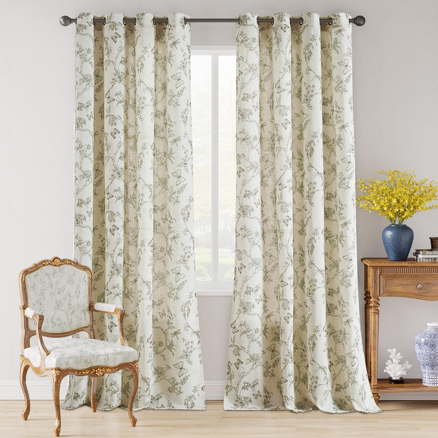 Lazzzy Linen Farmhouse Curtains Green Floral
